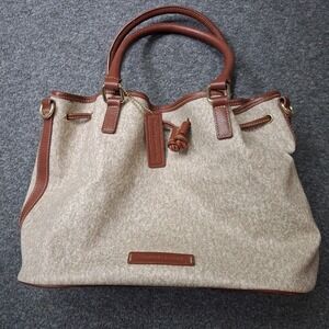 Wilsons Leather Beige Canvas Brown Trim Bucket Bag Tote Crossbody Handbag Preppy
